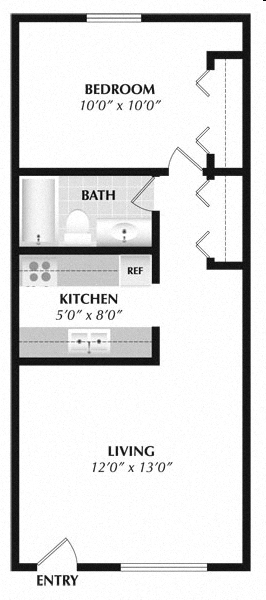 Floor plan for 1 bed, 1 bath, 600 sqft